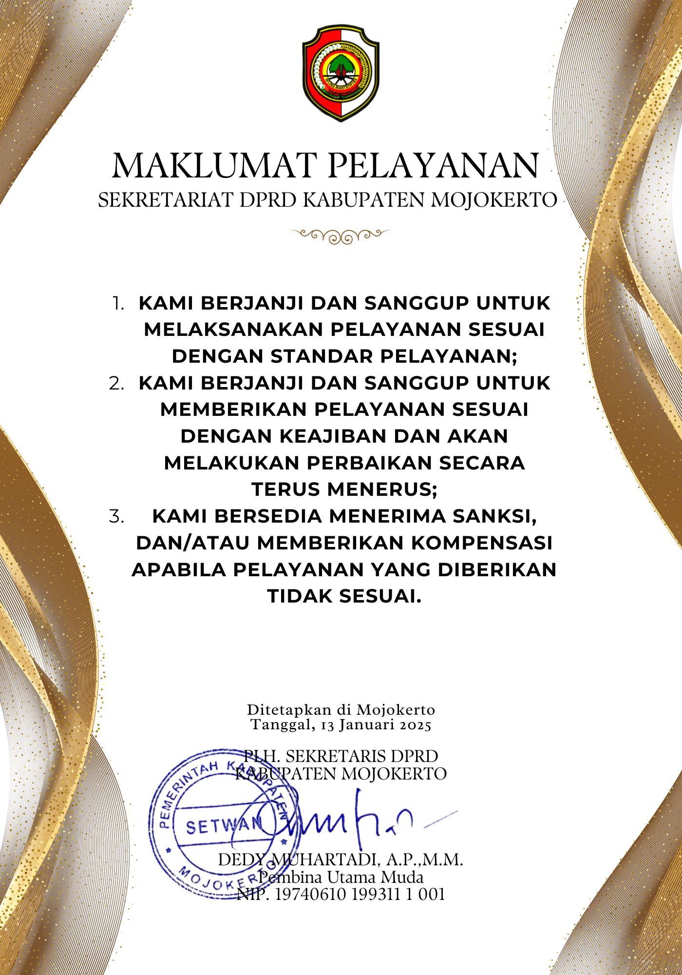 Maklumat Pelayanan Sekretariat DPRD Kabupaten Mojokerto